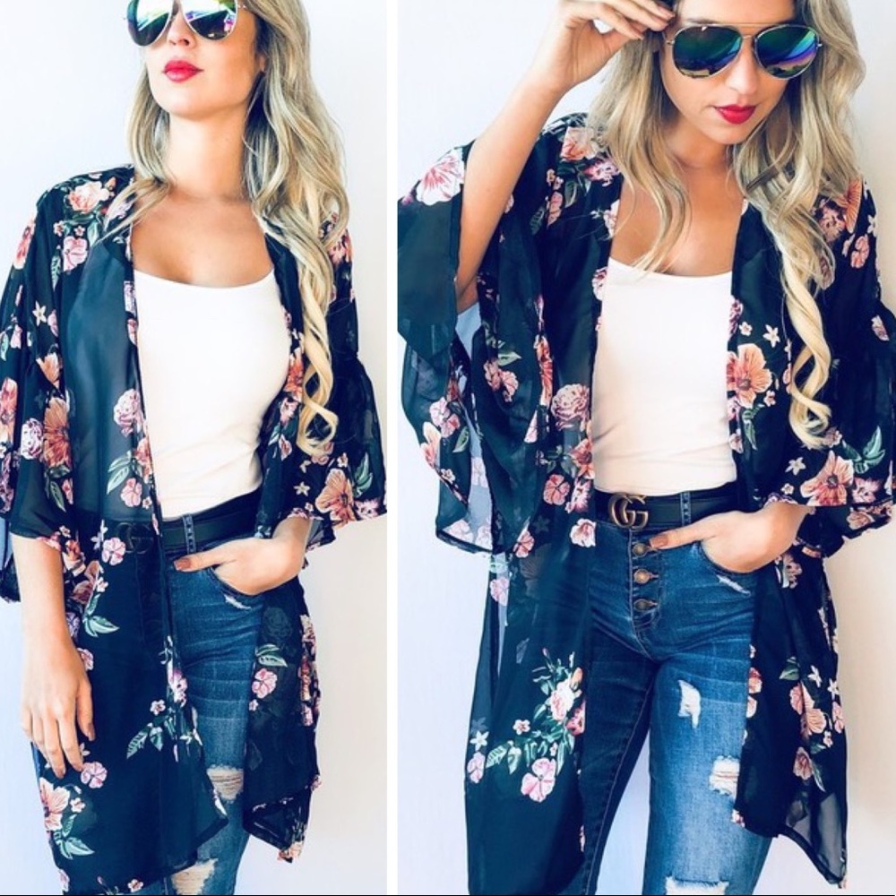 Last 1 New Floral Kimono Cardigan w/Ruffled Sleeve - Picture 4 of 7